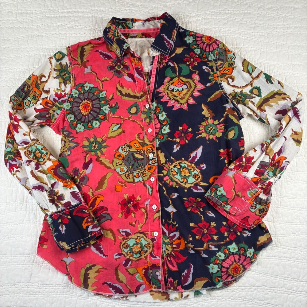 Cino Barbados Mix Button Down Top M 100% Cotton Floral Boho Artsy Cotton Blouse